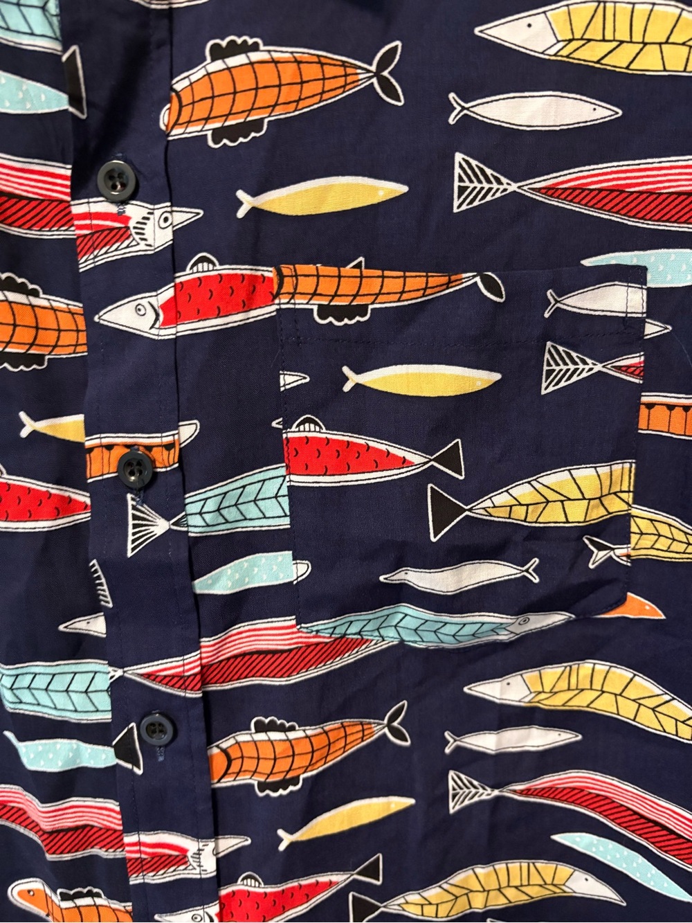 Androgynous Fox the Upstreamer fish navy button up short sleeve shirt s small - Picture 2 of 6